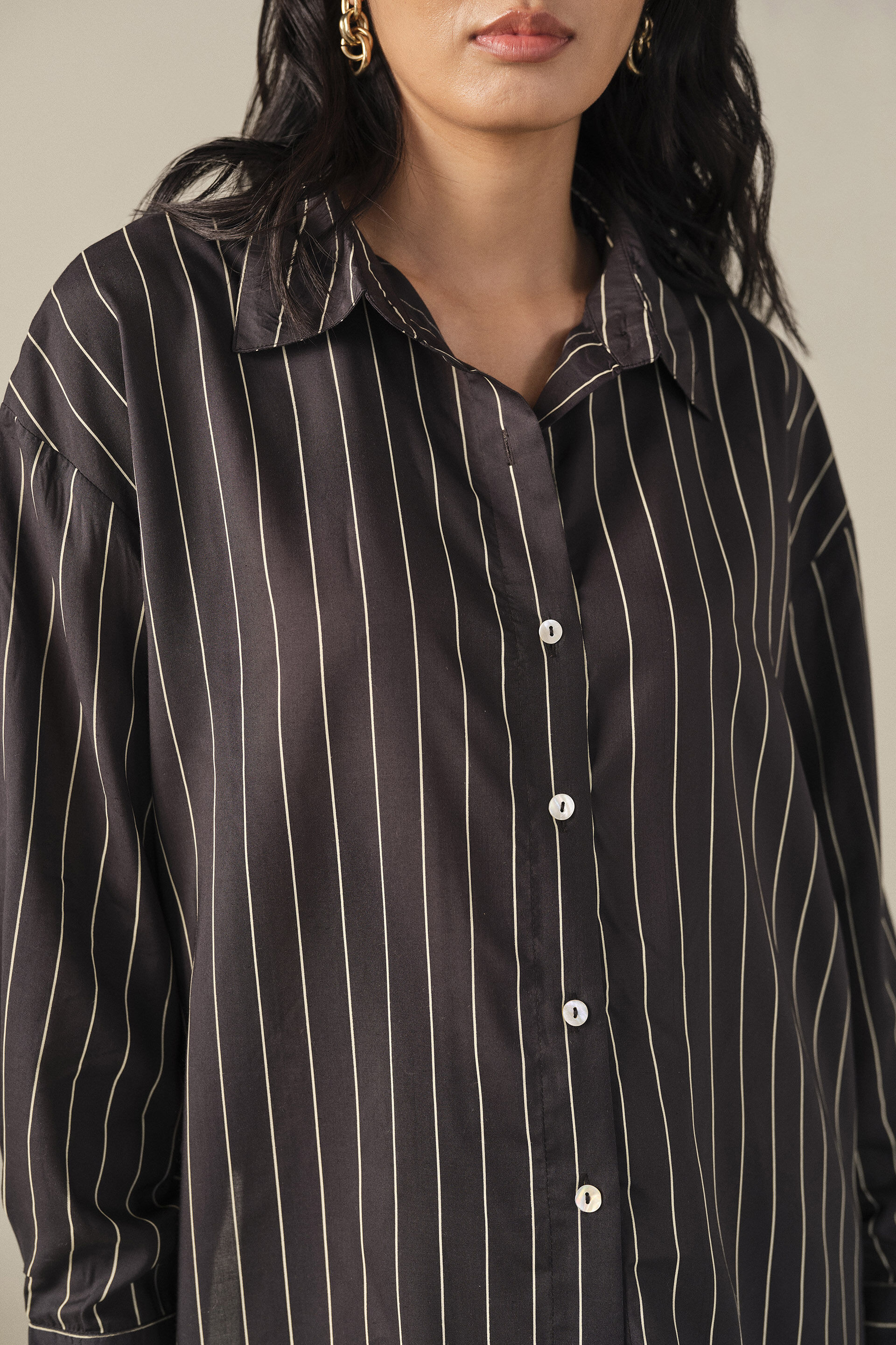 Striped Modal Shirt in Black, Black, image 2